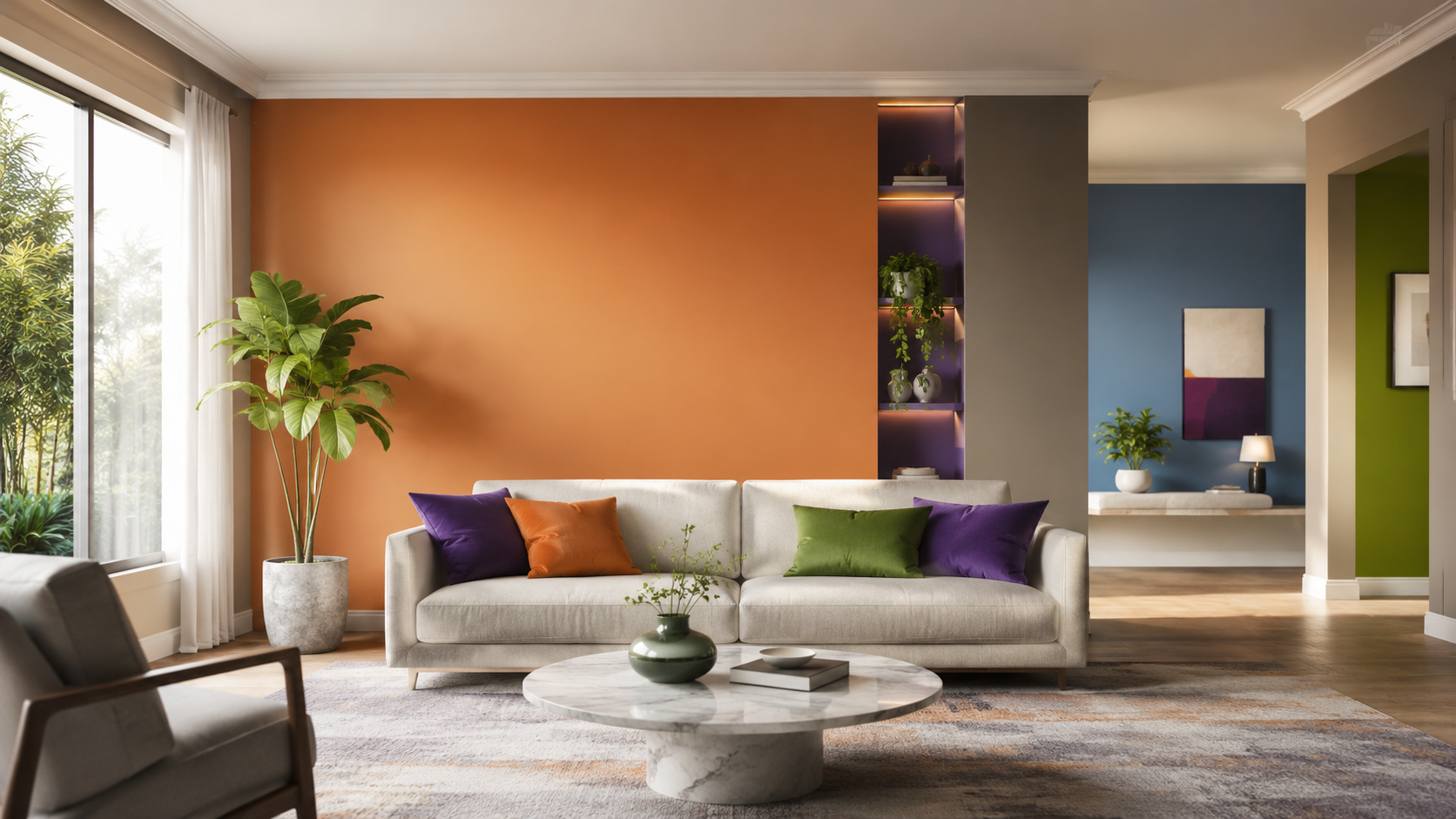 Premium colourful modern living room with rich wall finish